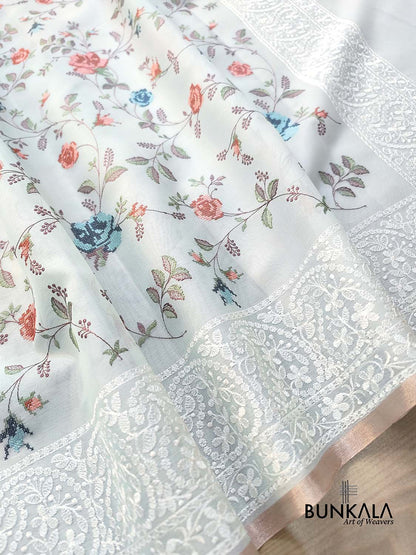 Light Blue Multicolor Thread Work Floral Jaal Design Embroidered Organza Saree