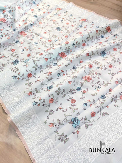 Light Blue Multicolor Thread Work Floral Jaal Design Embroidered Organza Saree