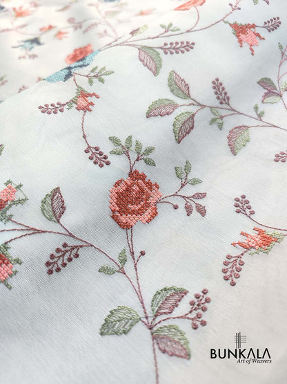 Light Blue Multicolor Thread Work Floral Jaal Design Embroidered Organza Saree