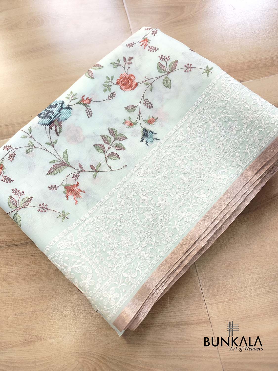 Light Blue Multicolor Thread Work Floral Jaal Design Embroidered Organza Saree