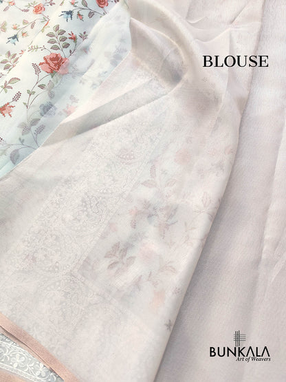 Light Blue Multicolor Thread Work Floral Jaal Design Embroidered Organza Saree