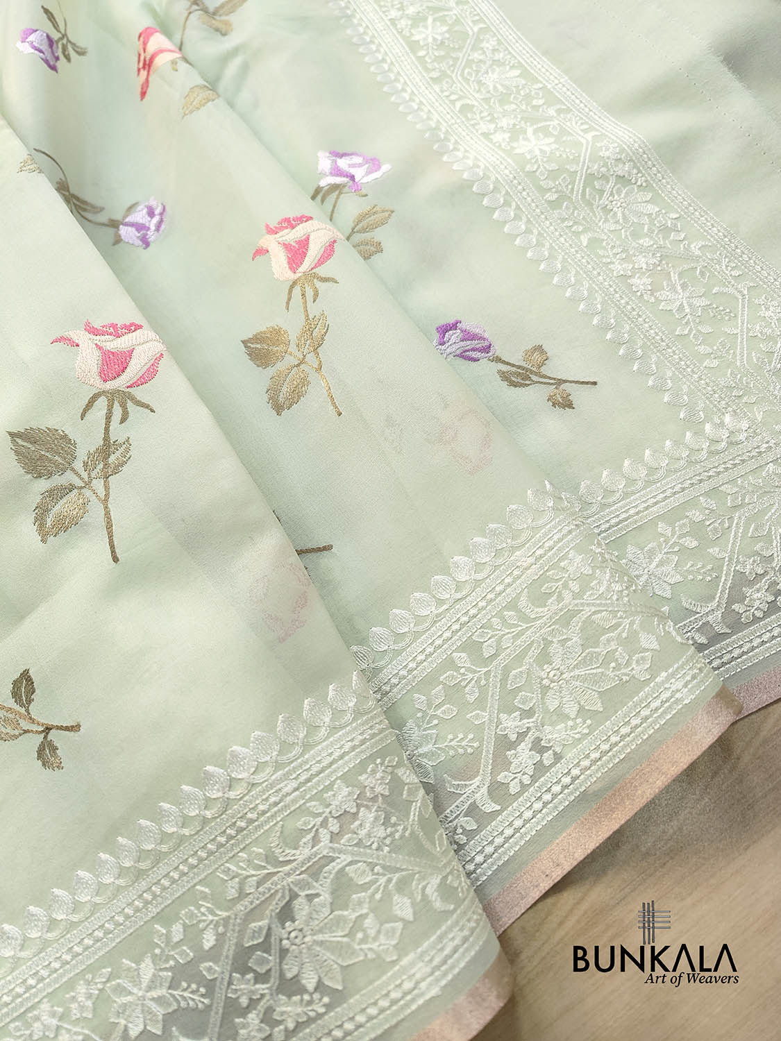 Light Pastel Green Multicolor Thread Work Rose Design Embroidered Organza Saree