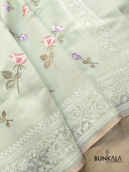 Light Pastel Green Multicolor Thread Work Rose Design Embroidered Organza Saree