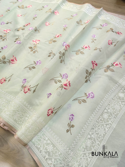 Light Pastel Green Multicolor Thread Work Rose Design Embroidered Organza Saree