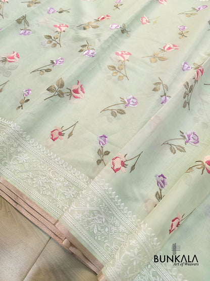 Light Pastel Green Multicolor Thread Work Rose Design Embroidered Organza Saree