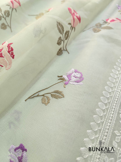 Light Pastel Green Multicolor Thread Work Rose Design Embroidered Organza Saree