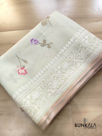 Light Pastel Green Multicolor Thread Work Rose Design Embroidered Organza Saree