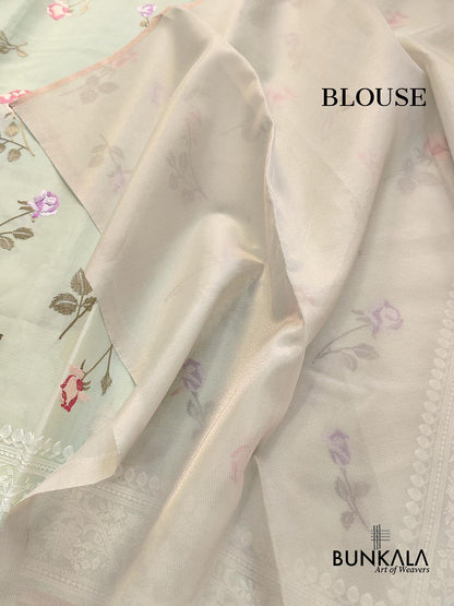 Light Pastel Green Multicolor Thread Work Rose Design Embroidered Organza Saree