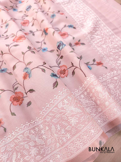 Light Pink Multicolor Thread Work Floral Jaal Design Embroidered Organza Saree