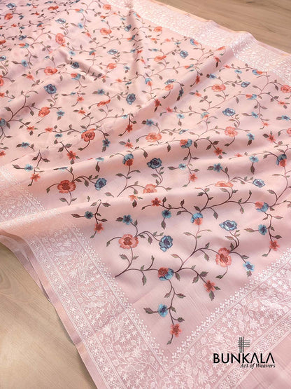 Light Pink Multicolor Thread Work Floral Jaal Design Embroidered Organza Saree