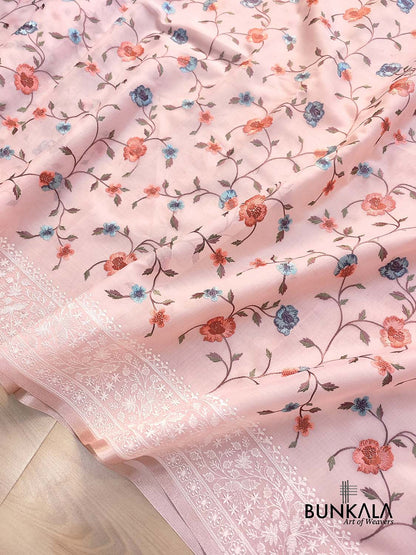 Light Pink Multicolor Thread Work Floral Jaal Design Embroidered Organza Saree