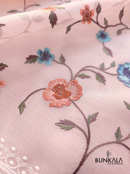 Light Pink Multicolor Thread Work Floral Jaal Design Embroidered Organza Saree