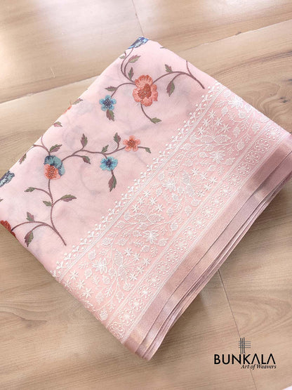 Light Pink Multicolor Thread Work Floral Jaal Design Embroidered Organza Saree