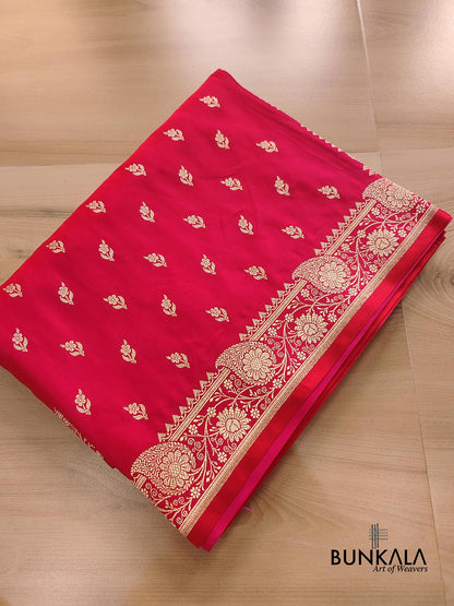 Bridal Red Floral Buti Weaved Banarasi Mashru Silk Floral Border Saree