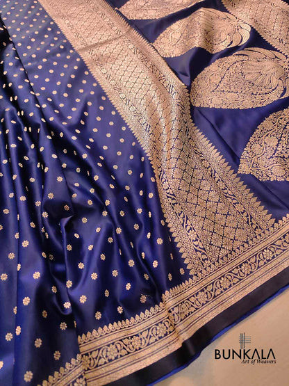 Navy Blue Flower Round Buti Weaved Banarasi Mashru Silk Floral Border Saree