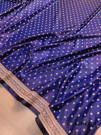 Navy Blue Flower Round Buti Weaved Banarasi Mashru Silk Floral Border Saree
