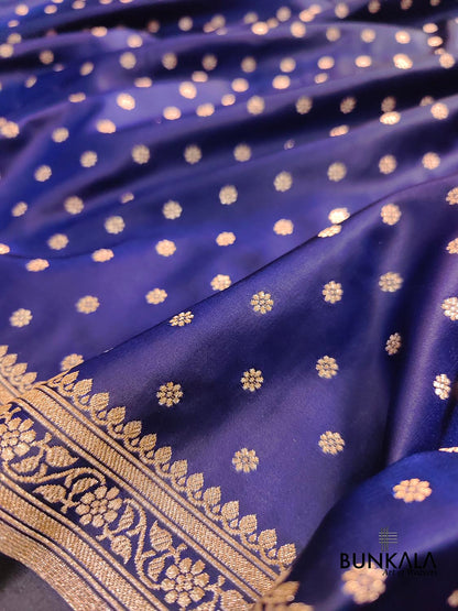 Navy Blue Flower Round Buti Weaved Banarasi Mashru Silk Floral Border Saree