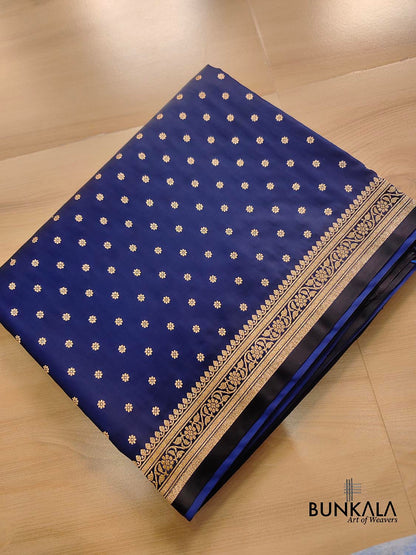 Navy Blue Flower Round Buti Weaved Banarasi Mashru Silk Floral Border Saree