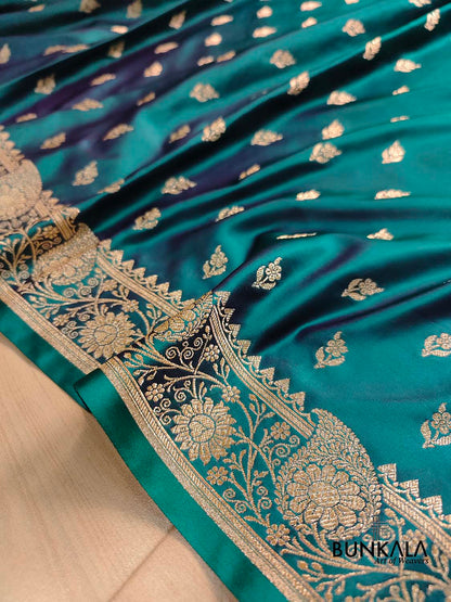 Green Dual Tone Floral Buti Weaved Banarasi Mashru Silk Floral Border Saree