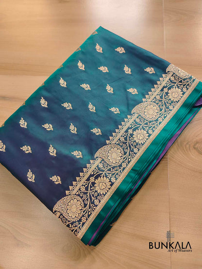 Green Dual Tone Floral Buti Weaved Banarasi Mashru Silk Floral Border Saree