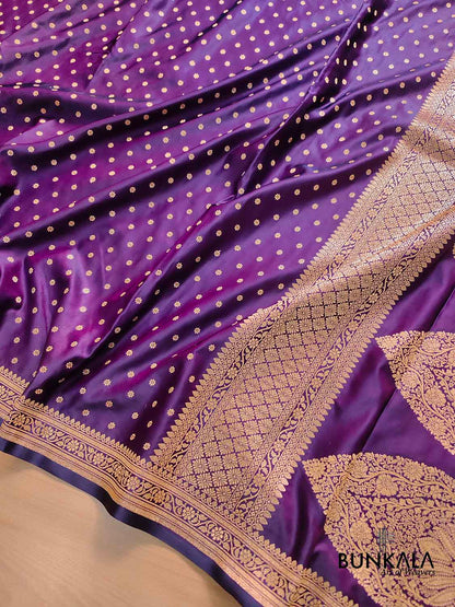 Dark Purple Flower Round Buti Weaved Banarasi Mashru Silk Floral Border Saree