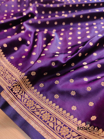 Dark Purple Flower Round Buti Weaved Banarasi Mashru Silk Floral Border Saree