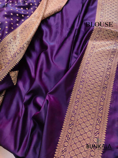 Dark Purple Flower Round Buti Weaved Banarasi Mashru Silk Floral Border Saree