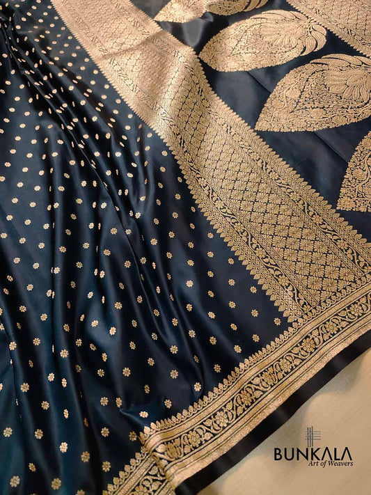 Jet Black Flower Round Buti Weaved Banarasi Mashru Silk Floral Border Saree