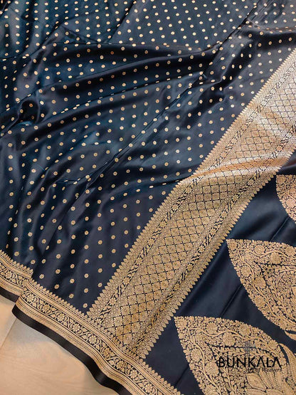 Jet Black Flower Round Buti Weaved Banarasi Mashru Silk Floral Border Saree