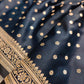 Jet Black Flower Round Buti Weaved Banarasi Mashru Silk Floral Border Saree