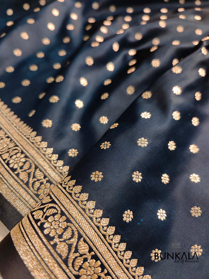 Jet Black Flower Round Buti Weaved Banarasi Mashru Silk Floral Border Saree