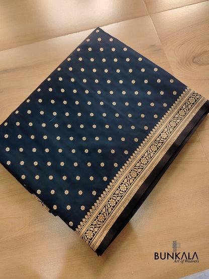 Jet Black Flower Round Buti Weaved Banarasi Mashru Silk Floral Border Saree