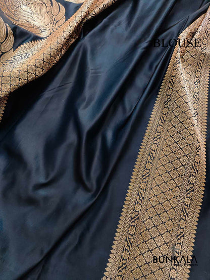 Jet Black Flower Round Buti Weaved Banarasi Mashru Silk Floral Border Saree