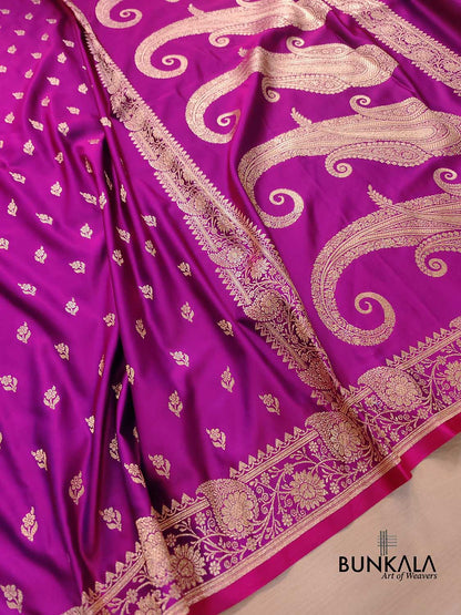 Magenta Pink Floral Buti Weaved Banarasi Mashru Silk Floral Border Saree