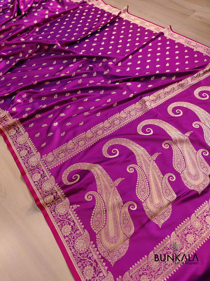 Magenta Pink Floral Buti Weaved Banarasi Mashru Silk Floral Border Saree