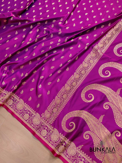 Magenta Pink Floral Buti Weaved Banarasi Mashru Silk Floral Border Saree
