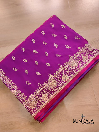 Magenta Pink Floral Buti Weaved Banarasi Mashru Silk Floral Border Saree