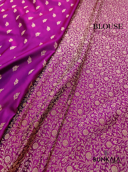Magenta Pink Floral Buti Weaved Banarasi Mashru Silk Floral Border Saree