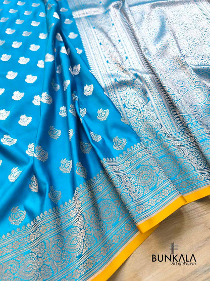 Ocean Blue Small Buti Weaved Banarasi Mashru Silk Saree