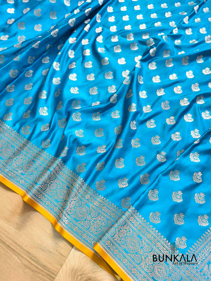 Ocean Blue Small Buti Weaved Banarasi Mashru Silk Saree