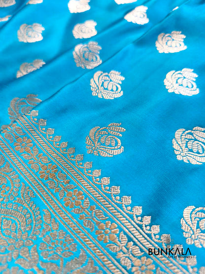 Ocean Blue Small Buti Weaved Banarasi Mashru Silk Saree
