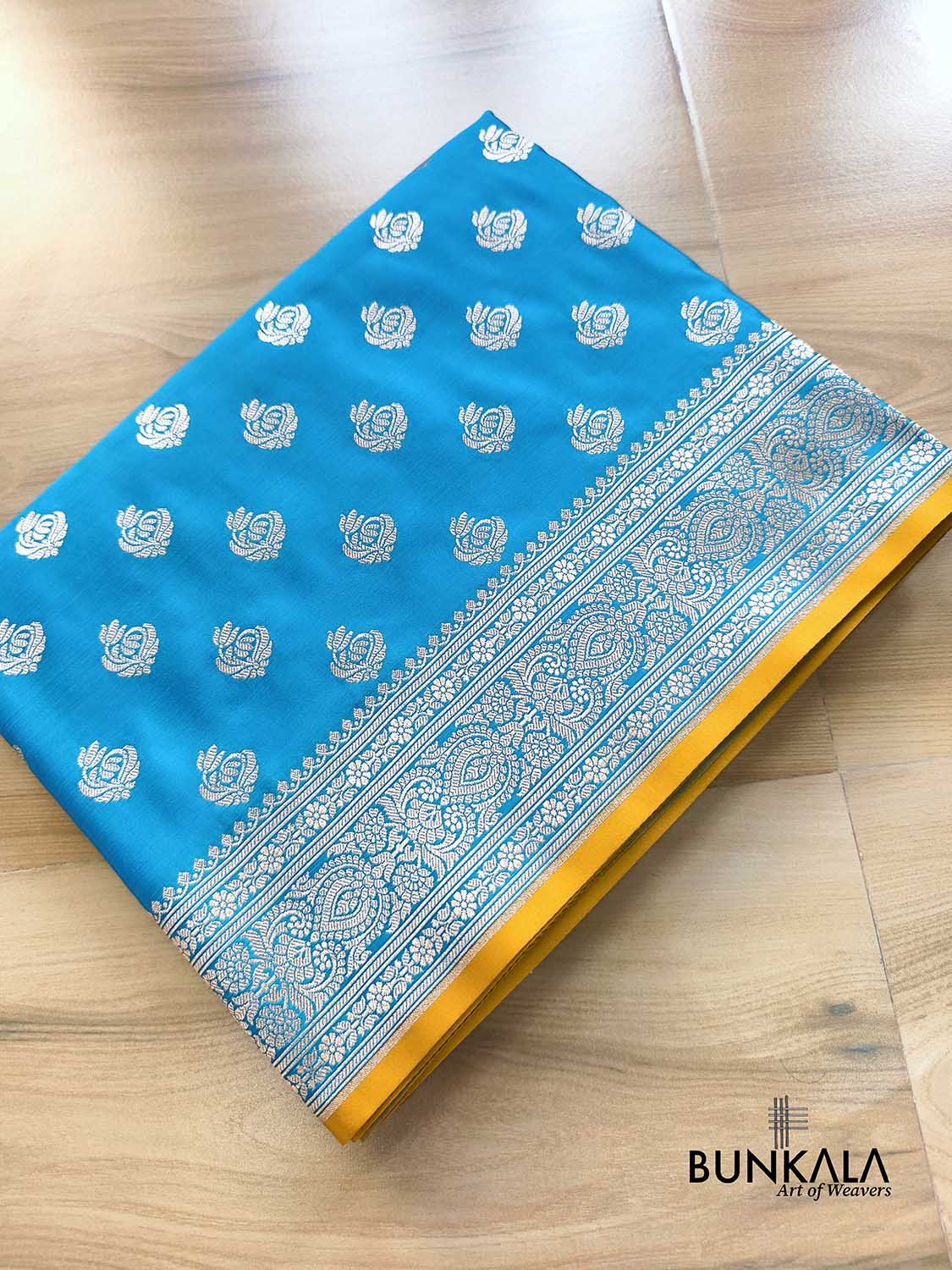 Ocean Blue Small Buti Weaved Banarasi Mashru Silk Saree