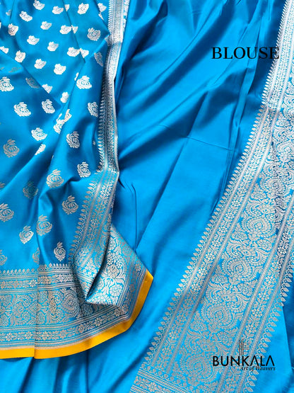 Ocean Blue Small Buti Weaved Banarasi Mashru Silk Saree