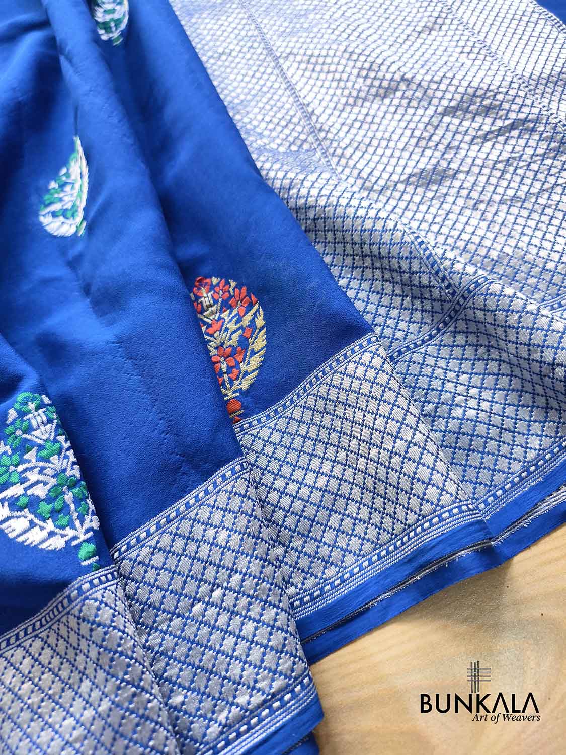 Royal Blue Silver Zari Meenakari Kadwa Handweaved Buta Banarasi Pure Georgette Saree 