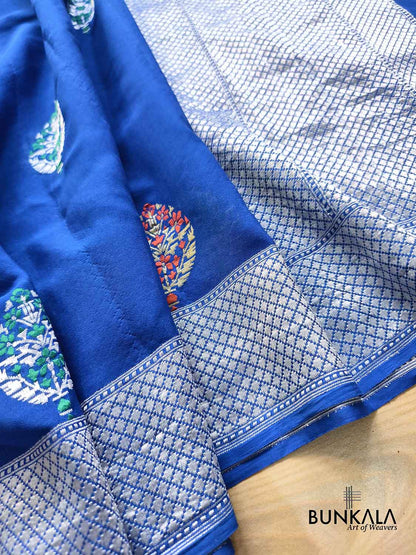 Royal Blue Silver Zari Meenakari Kadwa Handweaved Buta Banarasi Pure Georgette Saree 