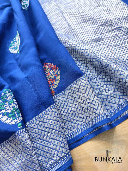 Royal Blue Silver Zari Meenakari Kadwa Handweaved Buta Banarasi Pure Georgette Saree 