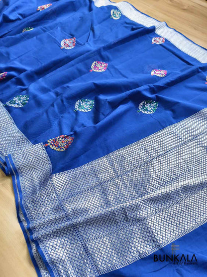 Royal Blue Silver Zari Meenakari Kadwa Handweaved Buta Banarasi Pure Georgette Saree 