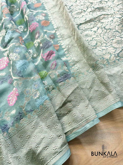 Pastel Bluish Green Multi Meenakari Floral Jaal Handloom Banarasi Pure Georgette Saree