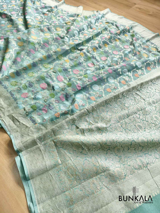 Pastel Bluish Green Multi Meenakari Floral Jaal Handloom Banarasi Pure Georgette Saree