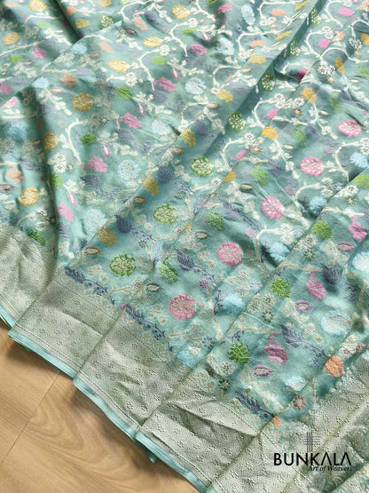 Pastel Bluish Green Multi Meenakari Floral Jaal Handloom Banarasi Pure Georgette Saree
